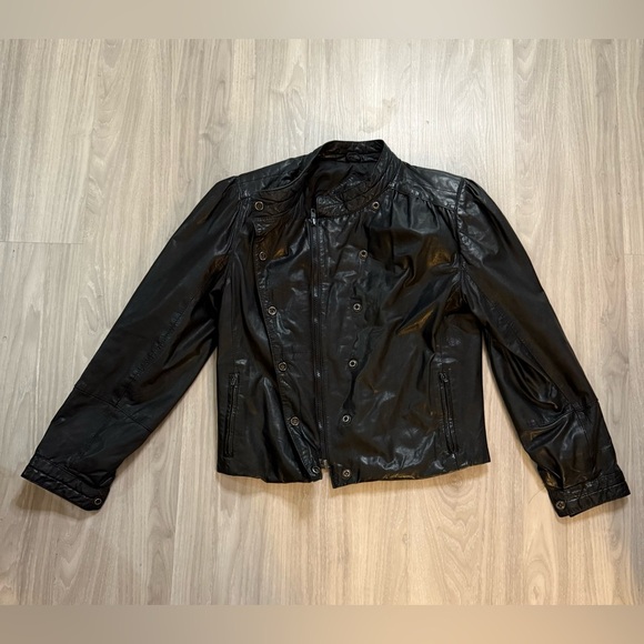 Rare Vintage Bonjour 80s Black Leather Moto Jacket Coat Cropped Sz 5/6 - Picture 2 of 4